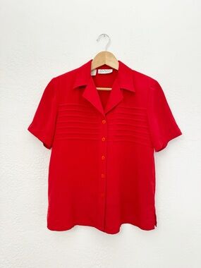 Vintage 80s 90s Cathy Che Cherry Red Pintuck Button Front Shirt